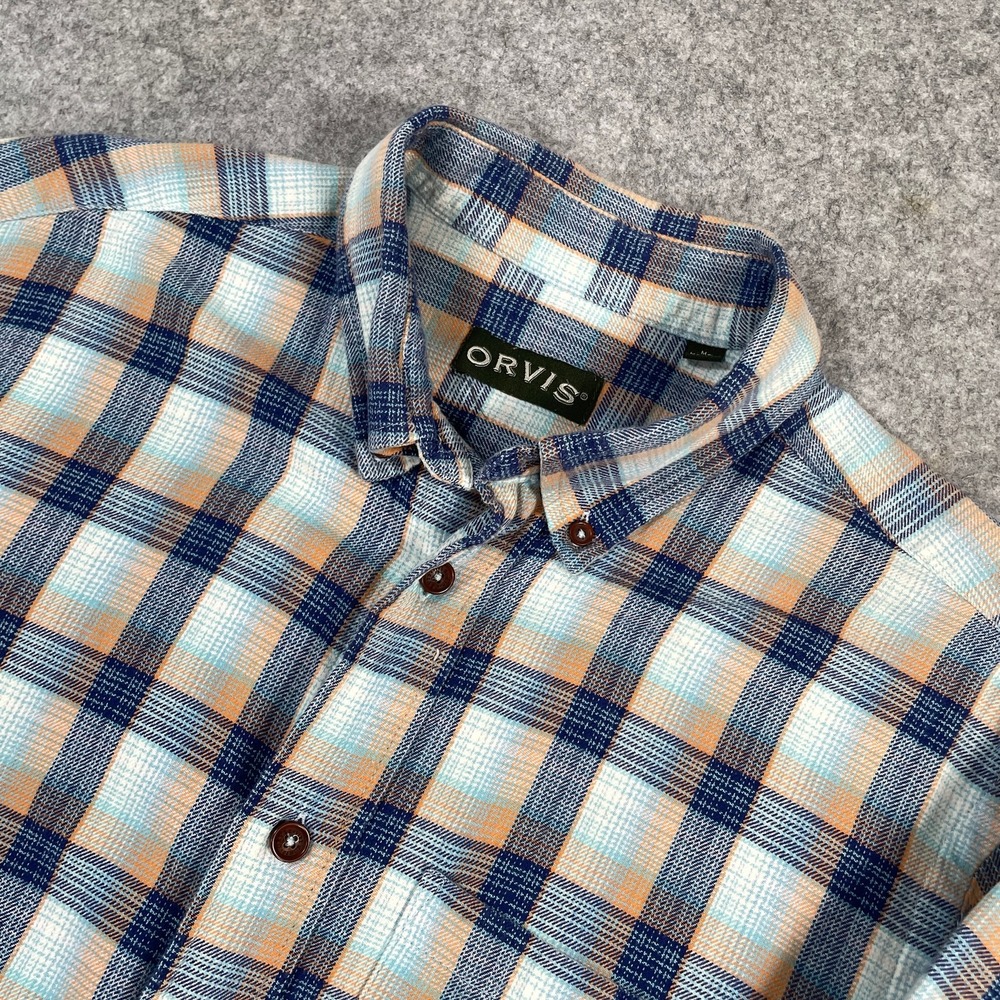 Orvis Mens Button Down Shirt M Blue Orange Plaid Cotton Long Sleeve